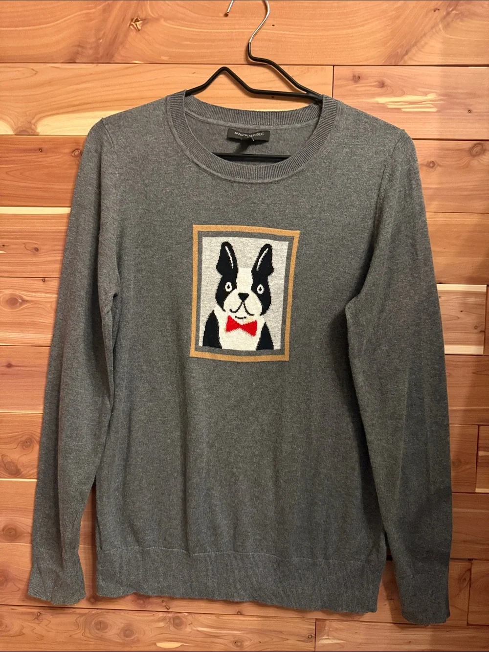 Banana Republic Gray Crewneck Sweater with Framed Dog Motif